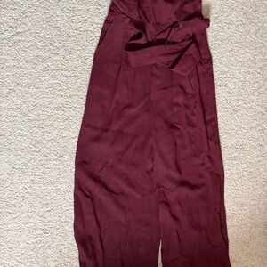 Abercrombie & Fitch Wine Sleeveless Wide-Leg Jumpsuit with Waist Tie